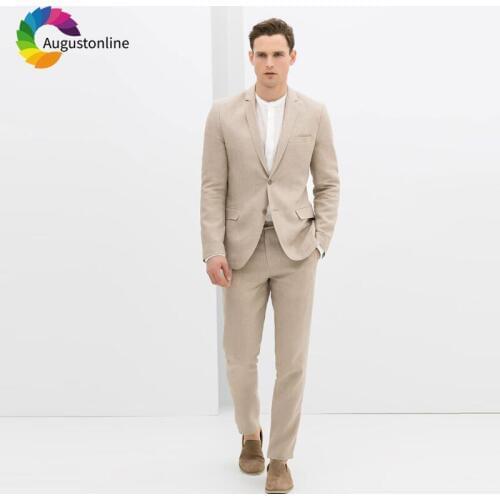 Linen Slim Fit Wedding Men Suits Groom Wear Blazer Tuxedos 2 Pieces (Jacket+Pants) Birdegroom Prom Suits Best Man Costumen Homme
