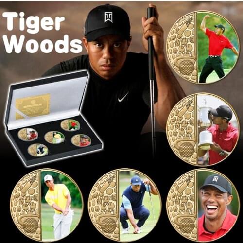 The Greatest Golfer Tiger Gold Plated Commemorative Coin Set with Coin Holder American Golf Souvenir Coin Sports Gifts for Fans