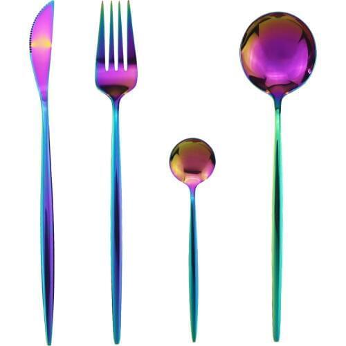 Dinner Knife Fork Spoon Tableware Rainbow Dinnerware Set Gold Silver Flatware Set 18/10 Stainless Steel Cutlery Silverware Set
