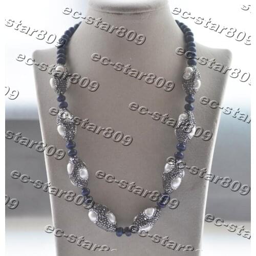 Z11379 21" 30mm Shuttle CZ White Pearl Blue Rondelle Lapis Lazuli Necklace