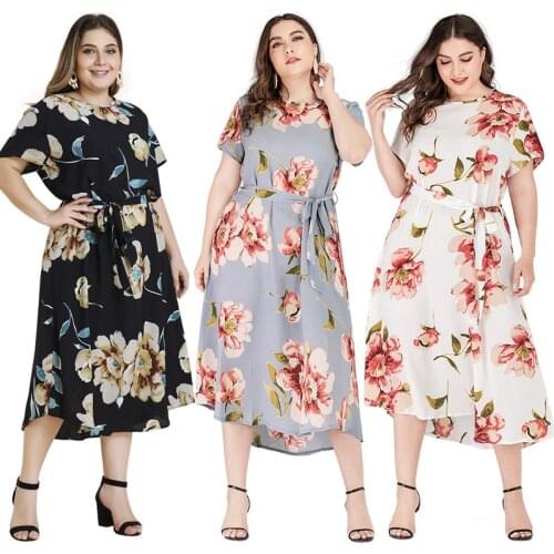 Summer Autumn Dress Short Sleeve Midi Dress Women Floral Dresses Plus Size Printed Sashes Dress