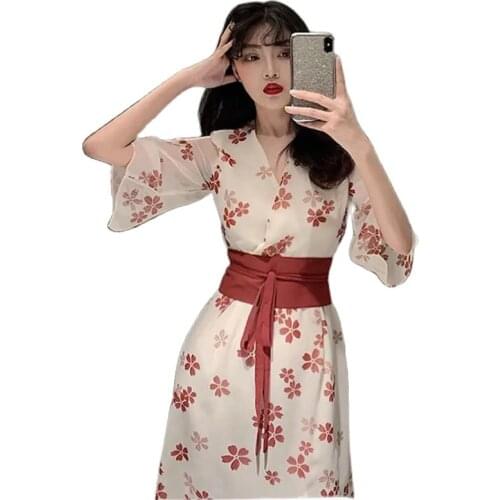 Fashion Dresses Summer 2021 New Temperament V-Neck Chiffon Floral Dress Summer Retro Waist Slimming Large SizeMid-Length