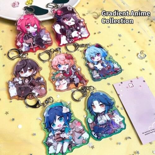 Dropship Genshin Impact Keychain Charm Acrylic Hutao/Xiao/Ganyu/Diluc/Venti/Zhongli Character Figure Gradient Anime Collection