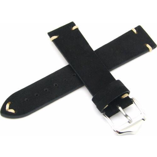 Rolamy 20 22mm Real Calf Suede Leather Handmade Stitch Black Watch Band Strap Belt For Rolex Omega Tag Heuer Tudor IWC