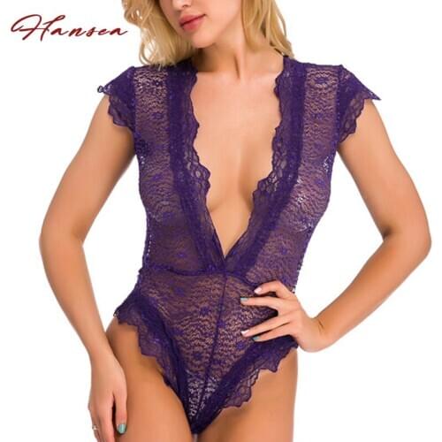 Deep V Cleavage Bodysuits Lace Patchwork Mesh Teddies Ruffled Trim Satin String Bow-knot Sexy Lingerie Open Crotch Sex Costumes