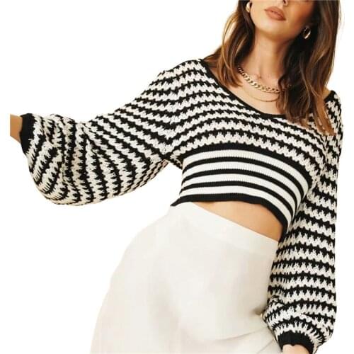 Women Hollow Sweater Crop Tops, Adults Color Block Striped Lantern Sleeve V-neck Knitwear Pullover Tops