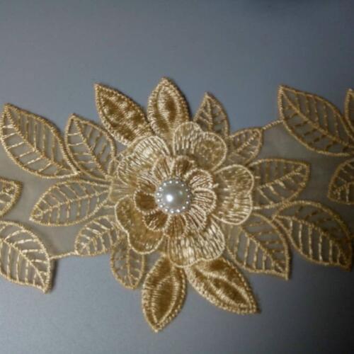 10X Gold Pearl Beaded Flower Leaf Embroidered Lace Trim Ribbon Applique Handmade DIY Clothes Wedding Dress Sewing Craft 80mm
