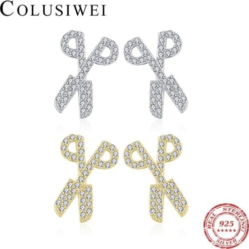 Colusiwei Authentic 925 Sterling Silver Vintage Exquisite Scissors Stud Earring Gold Color Ear Pin for Women Fine Jewelry