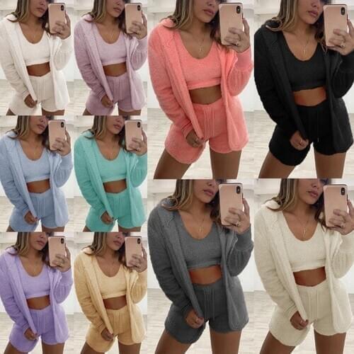 Women Tacksuit 3 Piece Sets Fluffy Plush Cardigan Coat+Shorts+Crop Top Outfits Suits Plus Size Casual Matching Sets Sleepwear