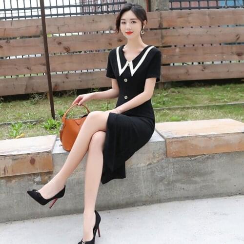 2021 Summer Dress Fashion Women Chiffon Female Short Sleeve Vintage Black Peter Pan Collar Midi Dress Casual Vestidos Y283
