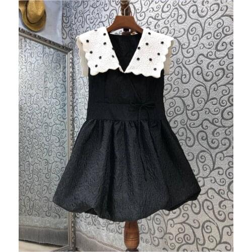 Top Quality New Black Dress 2021 Autumn Chic Party Women V-Neck White Color Block Patchwork Flower Deco Vintage Jacquard Dress
