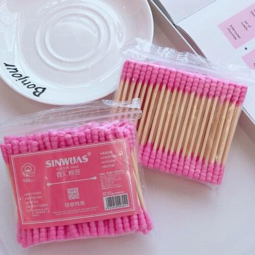 100PCS pink girl heart cute cotton swab stick double head cotton stick disposable makeup remover cotton swab cotton bat