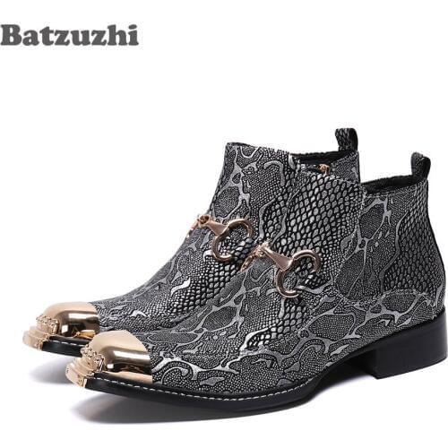 Batzuzhi New Arrival Men Shoes Boots Iron Toe Grey Leather Ankle Boots Zip Designers Short Boots Party botas hombre!Big Size 46