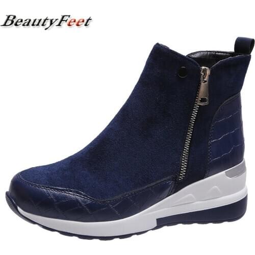 Patchwork Leather Ankle Boots New Autumn Winter Boots Zipper Women Boots Shoes Woman Square Low Heels Plaform Boots Plus Size