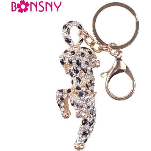 Bonsny 2017 Enamel Alloy Jungle Cheetah Leopard Key Chain Key Ring Pom Gift For Women Girl Bag Charm Keychain Pendant Jewelry