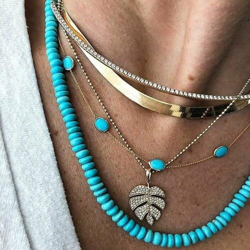 Vintage Blue Bead Snake Chain Necklaces For Women Female Gold New Multilevel Fashion Crystal Leaf Pendant Necklace Jewelry Gift