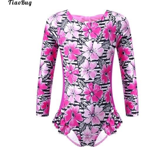 TiaoBug Kids Girls Swimwear Round Neck Long Sleeves Self Tie Back Print Ruffle Trim Swimming Jumpsuit Bodysuit For Beach Pool