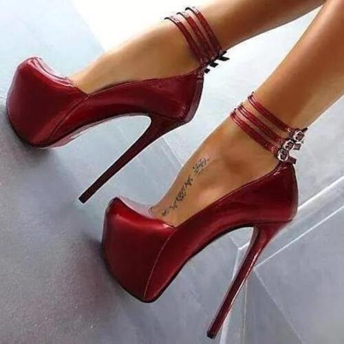 Elegant and stylish womens shoes, red (grey) PU, buckle, about 14.5 cm high-heeled shoes, round toe pumps.SIZE:34-45