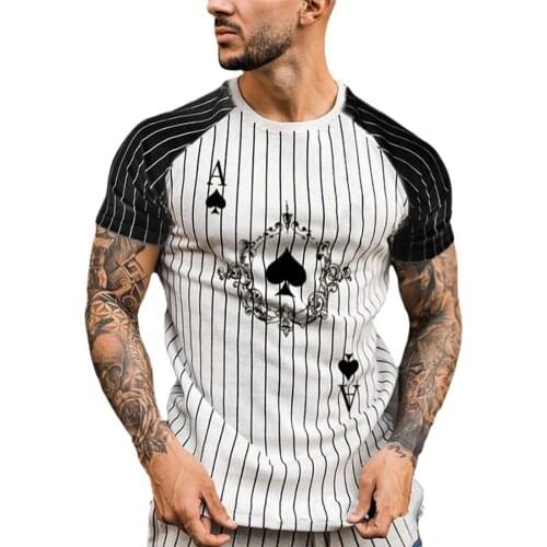 Summer Men T-shirt O Neck Spade Ace Poker Print Short Raglan Sleeve Stripes Color Block T-shirt Top for Work