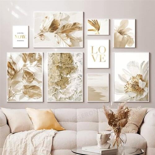 Golden Flower Leaf Canvas Painting Nordic Wall Art Picture Beach Scenery Modern Home Decor Poster and Print Room Wall Decor