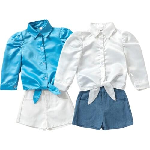 Girls Clothes Set Fashion Kids Clothes Suit Children Clothes Solid Long Sleeve Blouse Tops + Denim Shorts Girls Clothing Sets