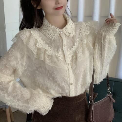 Lace Blouse Women 2021 Spring Sweet Kawaii Puffer Long Sleeve Tops Female Casual Loose Button Elegant Collar Blouse Korean Chic