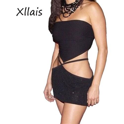 XLLAIS 2020 New Style Cotton Spandex Summer Sheath Strapless Sleeveless Dropped Sexy and Club Black Mini Dresses