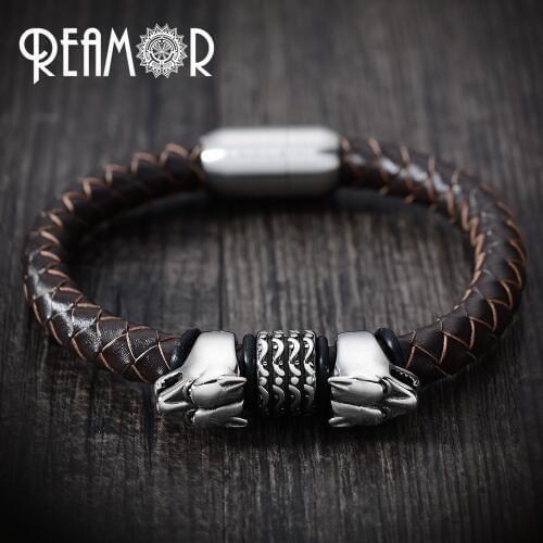 REAMOR Wild Style Men Wolf Head Bead 316L Stainless steel Genuine Braided Leather Bracelet & Bangle with Magnet Clasp Jewelry