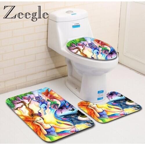 Zeegle Cartoon Bath Mat Set Washable Bath Mat Bathroom Entrance Doormat Floor Mat Toilet U Type Non Slip Pad Lid Toilet Cover