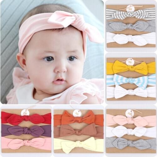 New 3pcs/lot Soft Bows Knot Baby Headband Rabbit Ear Stripe Solid Color Turban Elastic Princess Headwraps Headwear Gift Sets