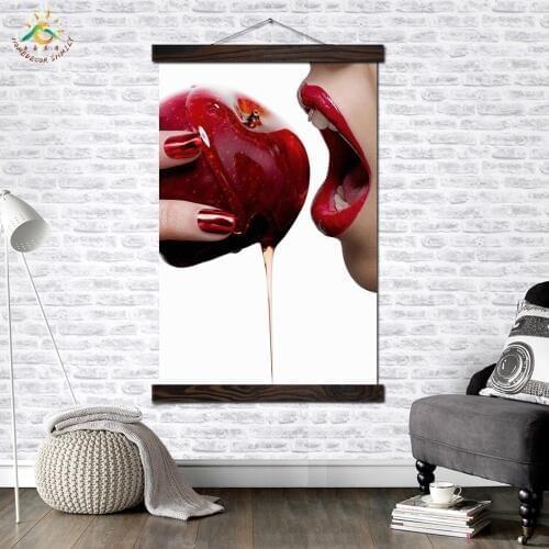 Red lip with Apple Modern Canvas Art Prints Poster Wall Painting Scroll Painting Wall Art Pictures Decoration for Living Room