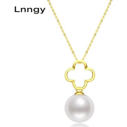 Lnngy 18K Yellow Gold Necklace 9-9.5mm Natural Freshwater Pendant Pearl Four Leaf Clover Necklace Women Gifts with Silver Chain