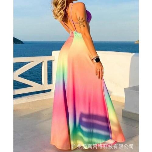 Wepbel Gradient Suspender Dress Beach Dress Summer Sexy Women Backless Big Swing Vacation Sleeveless V-neck Dress Colorful