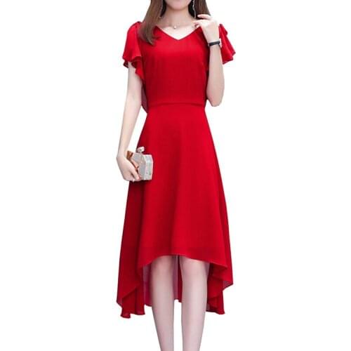 Solid color dress summer new female version of the long irregular Lotus leaf sleeve chiffon fashion V-neck party vestidos D343
