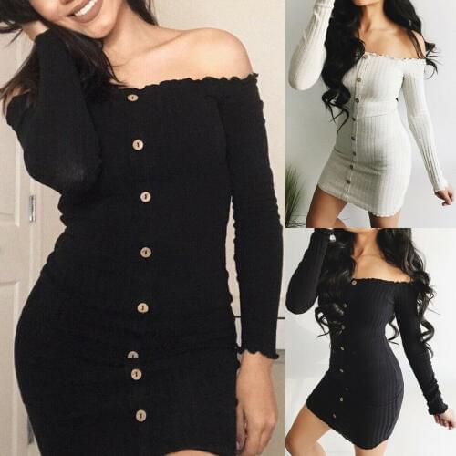 Hot Women Dress Spring Summer Long Sleeve Off Sholuder Dres Knit Bodycon Button Dresses Cocktail Party Sweater Sexy Mini Dress