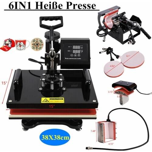 Heat Press Machine 6in1 38x38cm Multifunction Sublimation Desktop Iron Baseball Hat Press 15x15" Digital Swing Away Transfer