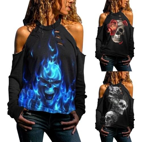 Halloween Women Long Sleeve Off Shoulder Hollow Out Sexy T-shirt Blouse Tops Skull Printing Daily All-match Sexy Girls Shirt Top