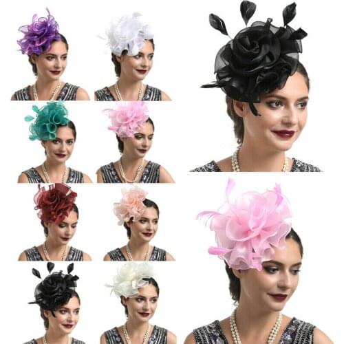 Women Fascinator Feather Flower Hair Clip Hairpin Wedding Church Cocktail Party New Organza Hat Headdress