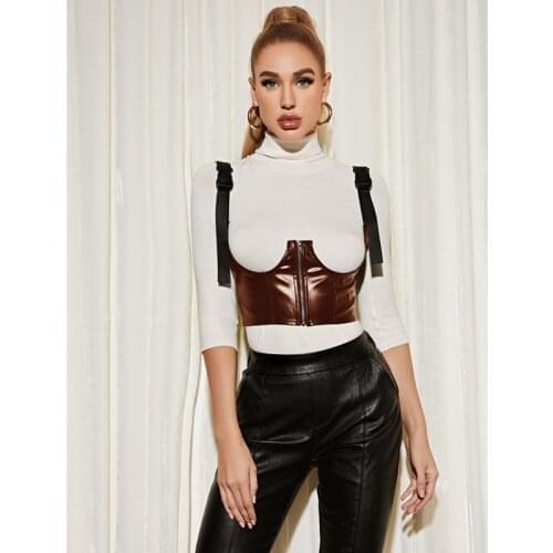 Women Sexy Camisole Solid Color Sleeveless Boat Neck Close-fitting Vest Skinny Gothic PU Leather Tank Top Suspenders Strap Tops