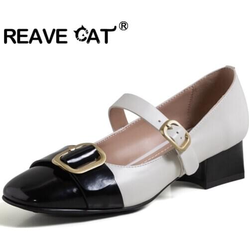 REAVE CAT New 2021 Women Pumps Round Toe 3.5cm Block Heels Genuine Leather Patchwork Buckle Stylish Student Big Size 43 A3627