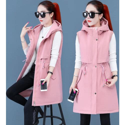 Large Size 5XL 2021 Autumn Winter Cotton Vest Women Mid-Length New Style Plus Velvet Slim-Fit Solid Color Hooded Overcoming