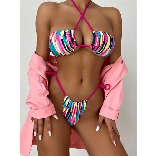 2021 Bikini Women Split Swimsuit Color Stripe Sexy Hangneck Bikini Swim Beach Spa Costume Swimsuit Set