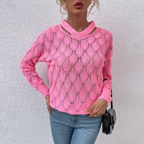 Sexy V-neck Hollow Out Ribbed Knitted Cotton Tops Office Lady Casual Loose Pink Bottoming Sweaters Female Winter Pullover Jumper