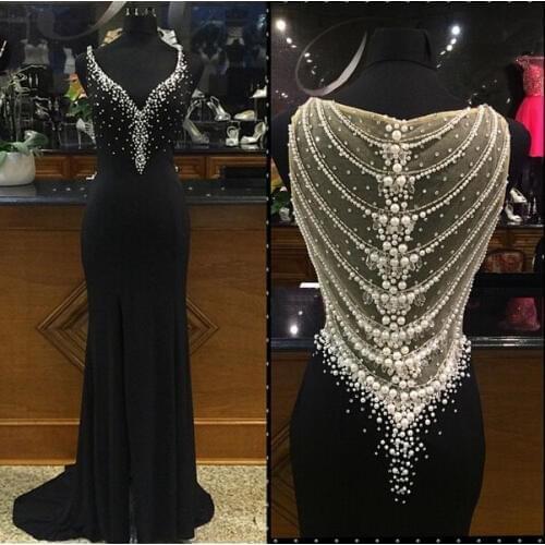 Shining 2016 Backless Mermaid Tank V-Neck Heavy Crystal Pearls By Hand Black Long Evening dress for women