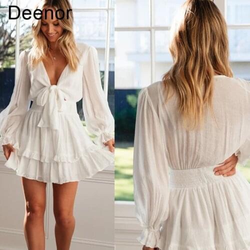 Deenor Summer Mini Dress Lantern Sleeve Chic Short V Neck Lace Up 2021 New Sheer Dress Spring White Bowknot Ruffle Beach Dress
