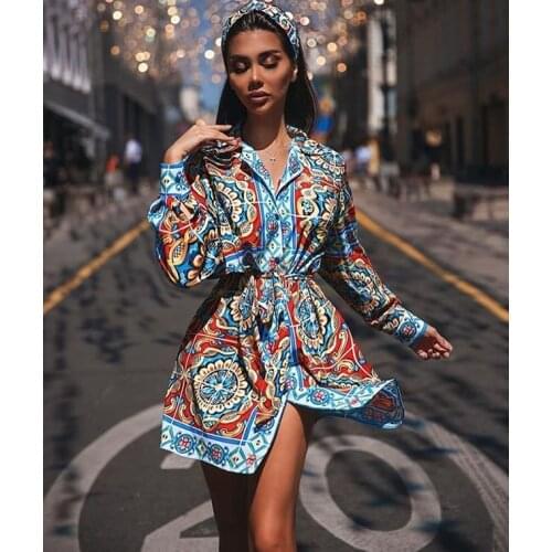 Women Dashiki African Shirt Dress Elegant Chain Print Long Sleeve Floral Shirts Blouse Top Ethnic Tribal Mini Dress Belt
