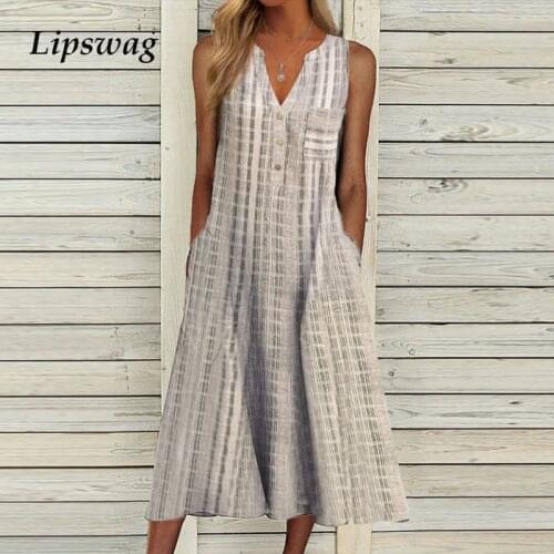 Elegant Buttoned V-Neck Women Summer Dress Casual Loose Sleeveless Party Dresses Vintage Ladies A-Line Dress 2021 Chic Vestidos