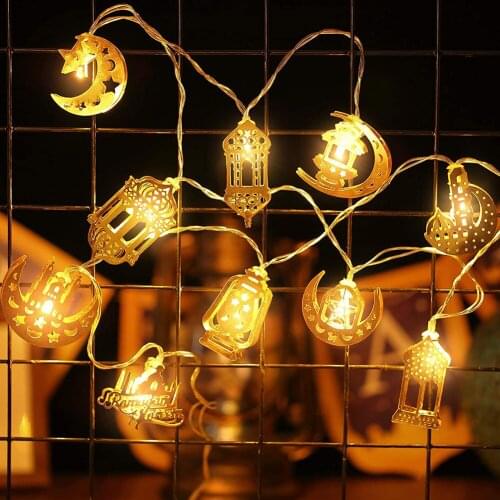 LED String Lights Metal Gold Moon Star Decoration Light 10 LED Pendant Lamp Ramadan Eid Mubarak Ornament Islamic Muslim Festival