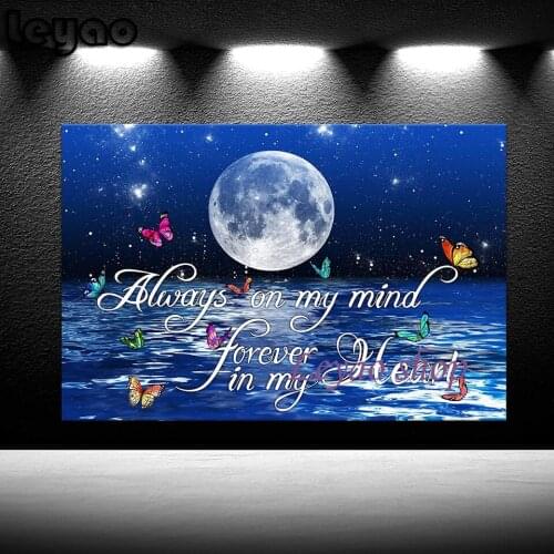 Moon Sea Ocean Landscape 5d Diy Diamond Painting Butterfly and Quotes Universe Space Painting Modern Artwork for Home Decor