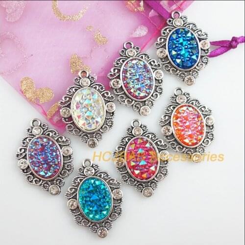 New 7Pcs Tibetan Silver Tone Retro Flower Mixed Oval Resin Charms Pendants 25x35mm